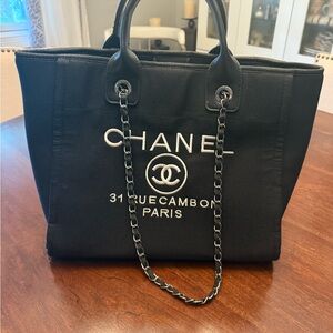 Faux Black Tote with Iconic Logo and Chain Straps